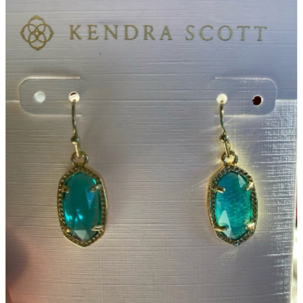 NWT Kendra Scott Lee Gold Drip Earrings in Dichroic Glass Aqua